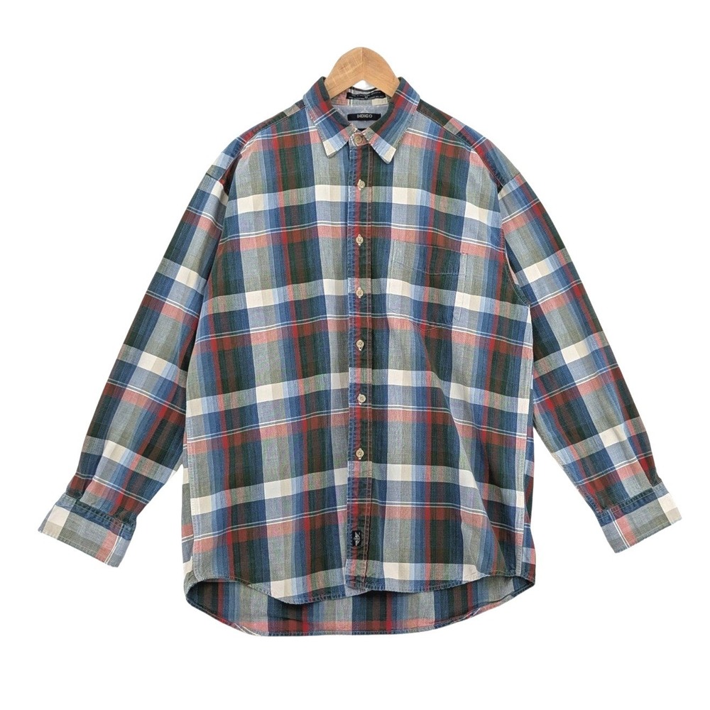 Y2K Dockers Indigo Plaid Shirt Mens M Cotton Blue Red Green Long Sleeve Vintage